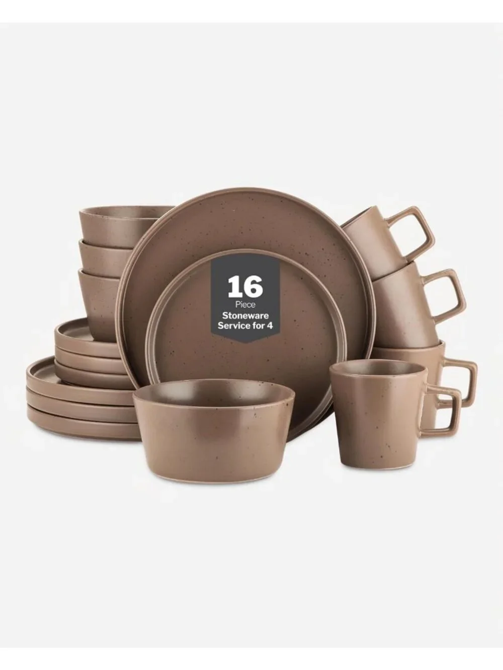 Modern Stoneware 16-Piece Dinnerware Set, Matte Brown Plates & Bowls, Service